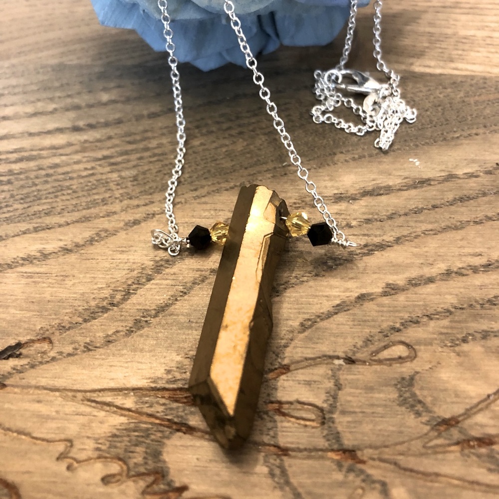 Gold quartz Crystal point necklace